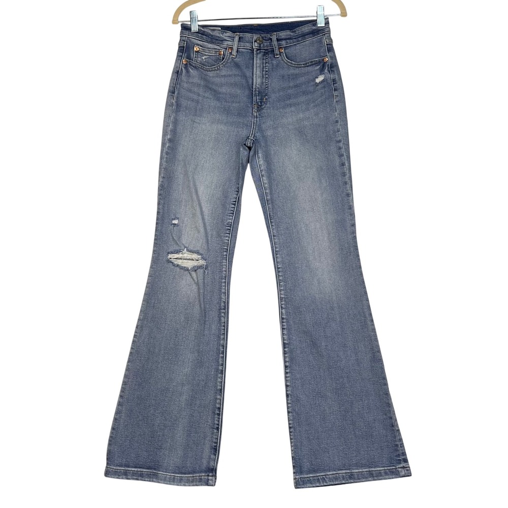 Gap Blue 70s Flare Jeans Womens 27 4 R (28) High Rise LT Wash Distressed Denim
